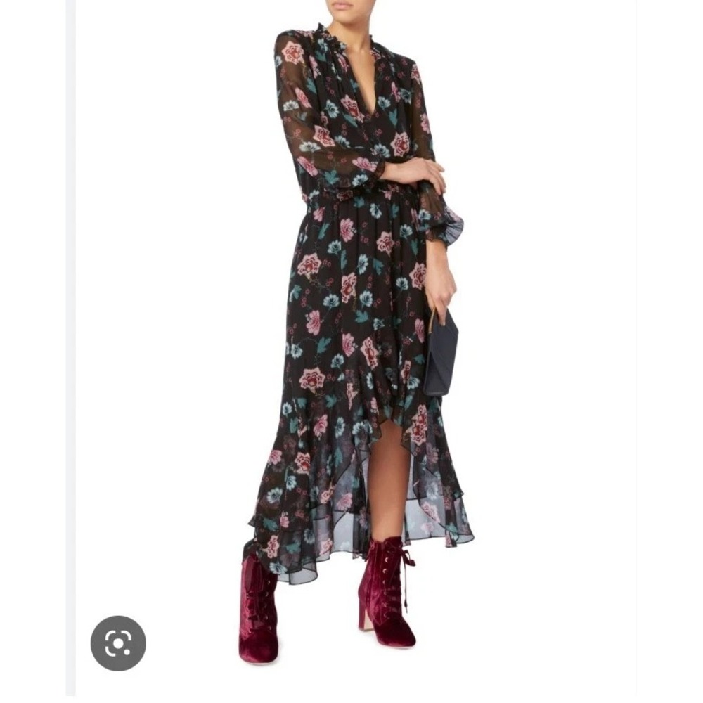 Intermix Vera Floral High-Low Dress Black Silk Smocked Long Sleeve Flowy Boho 2